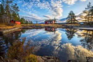 cottage, Lake, Trees, Clouds, Reflection, Sunrise, Water, Grass, Nature, Landscape