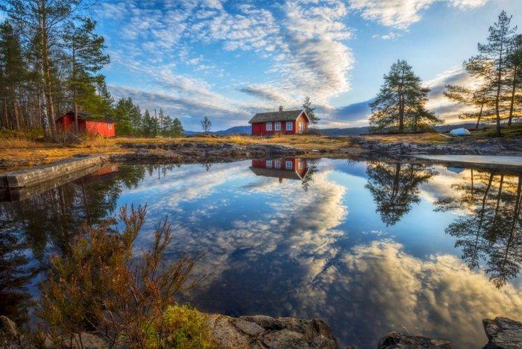 cottage, Lake, Trees, Clouds, Reflection, Sunrise, Water, Grass, Nature, Landscape HD Wallpaper Desktop Background
