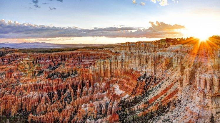 canyon, Bryce Canyon National Park, Sunlight, Clouds, Landscape, Desert, Rock Formation HD Wallpaper Desktop Background