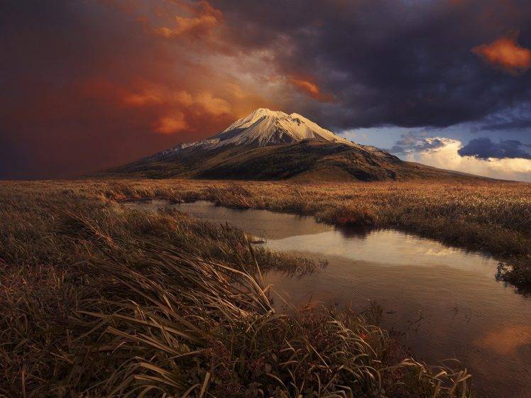 mountain, River, Clouds, Sunset, Grass, Snowy Peak, Nature, Landscape HD Wallpaper Desktop Background