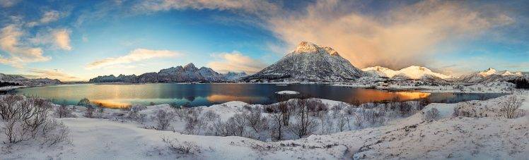 winter, Sunrise, Lofoten, Norway, Mountain, Snow, Fjord, Panoramas, Nature, Villages, Landscape HD Wallpaper Desktop Background