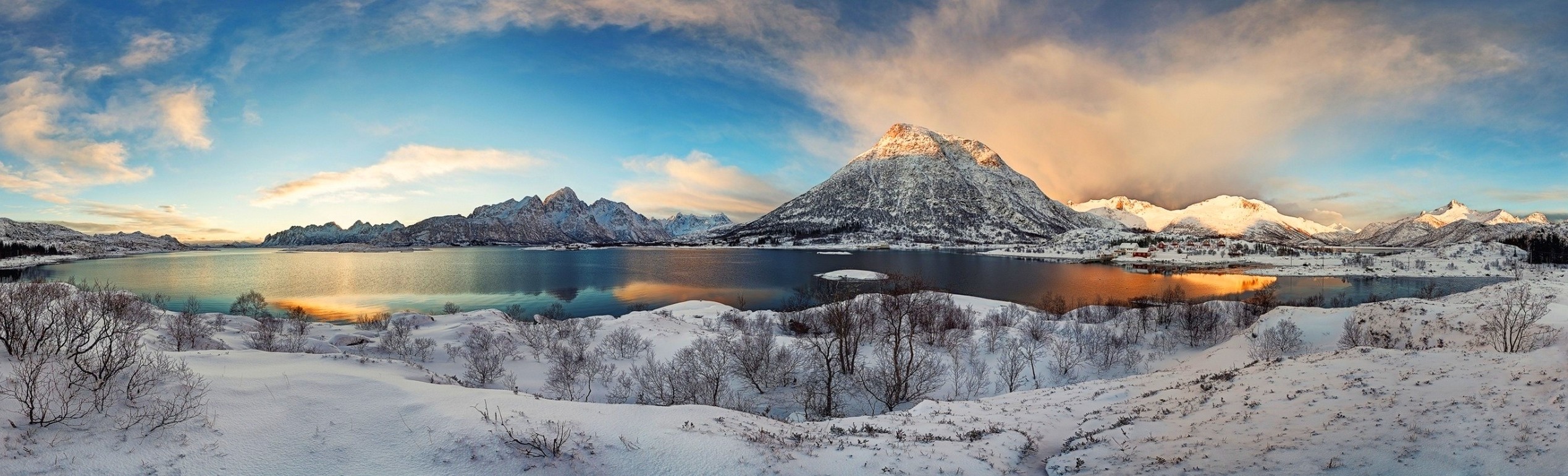 winter, Sunrise, Lofoten, Norway, Mountain, Snow, Fjord, Panoramas, Nature, Villages, Landscape Wallpaper