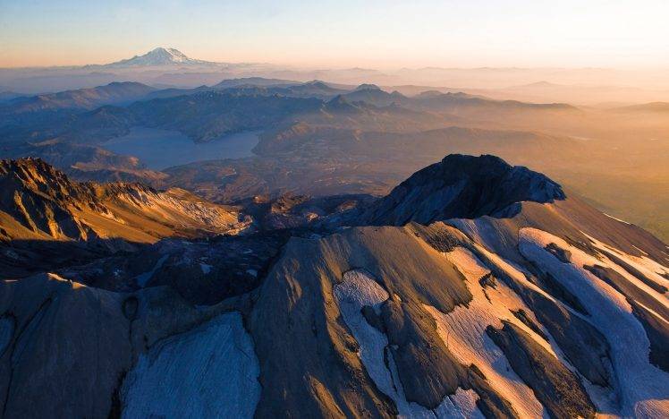 mountain, Mount  St.  Helens, Sunrise, Lake, Snowy Peak, Mist, Volcano, Washington State, Nature, Landscape, Morning, Aerial View HD Wallpaper Desktop Background