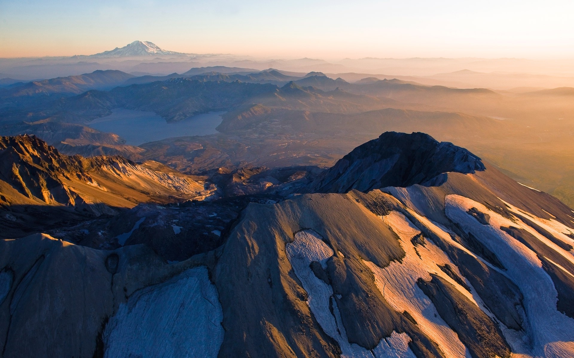 mountain, Mount St. Helens, Sunrise, Lake, Snowy Peak, Mist, Volcano