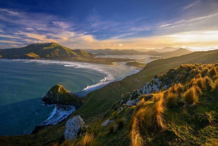 sunset, Beach, Grass, New Zealand, Sea, Mountain, Clouds, Nature, Landscape HD Wallpaper Desktop Background