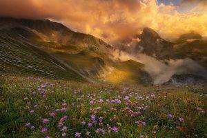 mountain, Sunset, Clouds, Flowers, Valley, Spring, Nature, Landscape