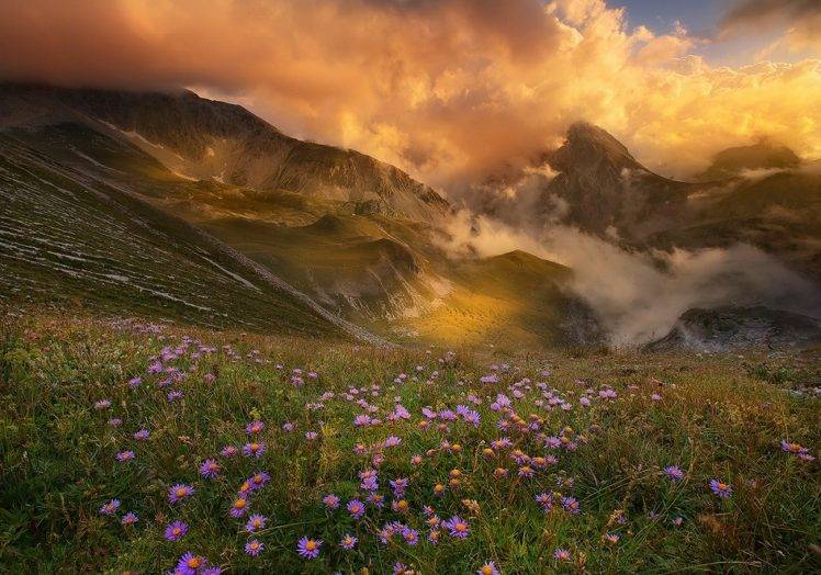 mountain, Sunset, Clouds, Flowers, Valley, Spring, Nature, Landscape HD Wallpaper Desktop Background