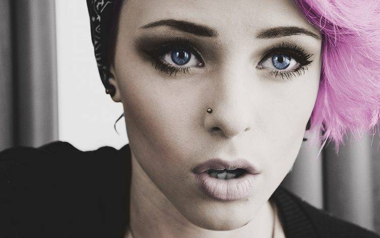 women, Blue Eyes, Pink Hair, Piercing, Lips, Closeup HD Wallpaper Desktop Background