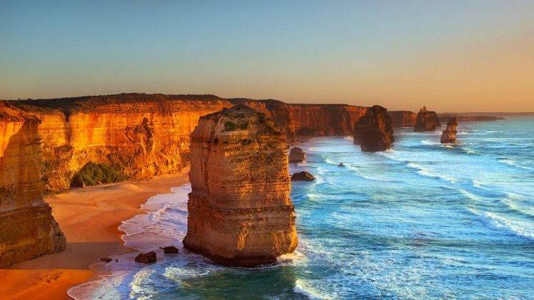 Australia, Beach, Limestone, Rock, Twelve Apostles, Sea, Cliff, Sand, Coast, Waves, Water, Sunset, Nature, Landscape HD Wallpaper Desktop Background