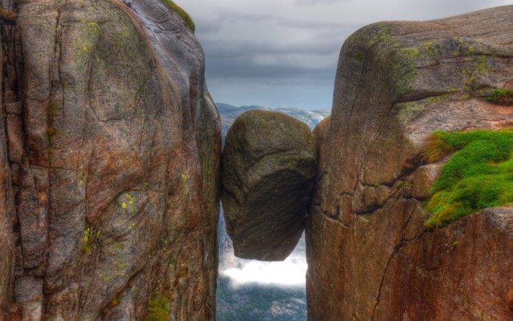 stones, Cliff, Mountain, Norway, Clouds, Grass, Mist, Rock, Nature, Landscape HD Wallpaper Desktop Background