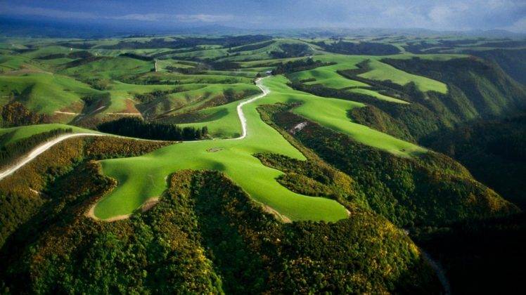 field, Road, Grass, Hill, Aerial View, Green, New Zealand, Nature, Landscape HD Wallpaper Desktop Background