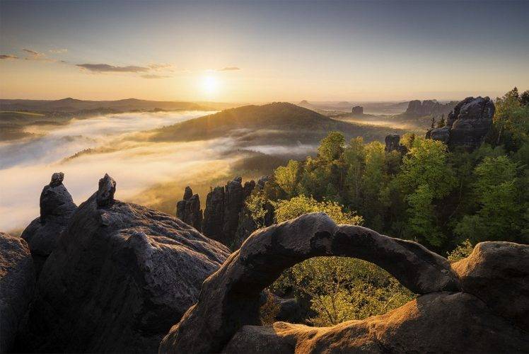 mist, Sunrise, Mountain, Germany, Forest, Rock, Nature, Landscape HD Wallpaper Desktop Background