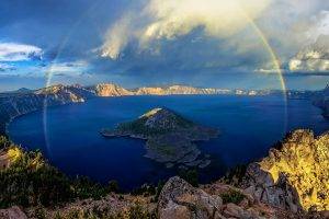 crater Lake, Rainbows, Island, Lake, Forest, Mountain, Sunrise, Clouds, Cliff, Water, Blue, Nature, Landscape
