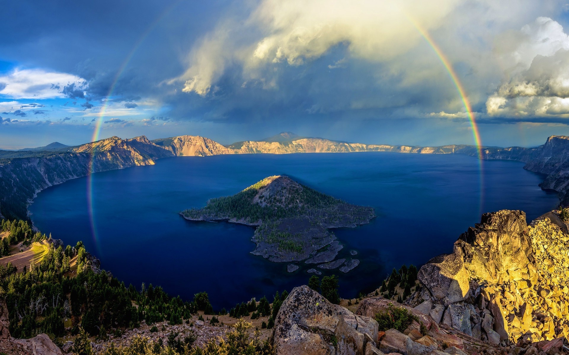 crater Lake, Rainbows, Island, Lake, Forest, Mountain, Sunrise, Clouds, Cliff, Water, Blue, Nature, Landscape Wallpaper