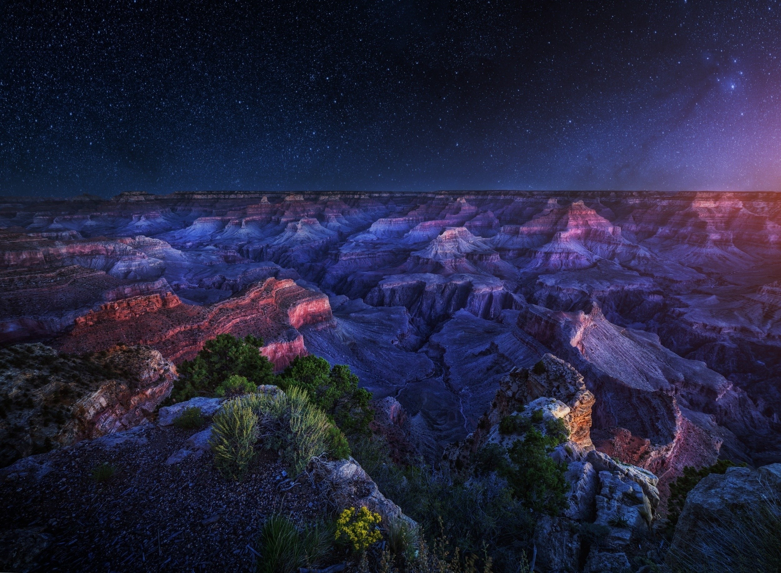 Arizona, Grand Canyon, Starry Night, Long Exposure, Shrubs, Erosion, Panoramas, Nature, Landscape Wallpaper