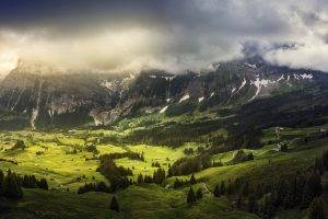 landscape, Nature, Mountain, Switzerland, Trees, Clouds, Valley