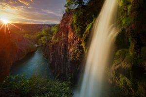 sunrise, Waterfall, River, Canyon, Trees, Moss, Shrubs, Sun Rays, Spain, Nature, Water, Blue, Yellow, Landscape