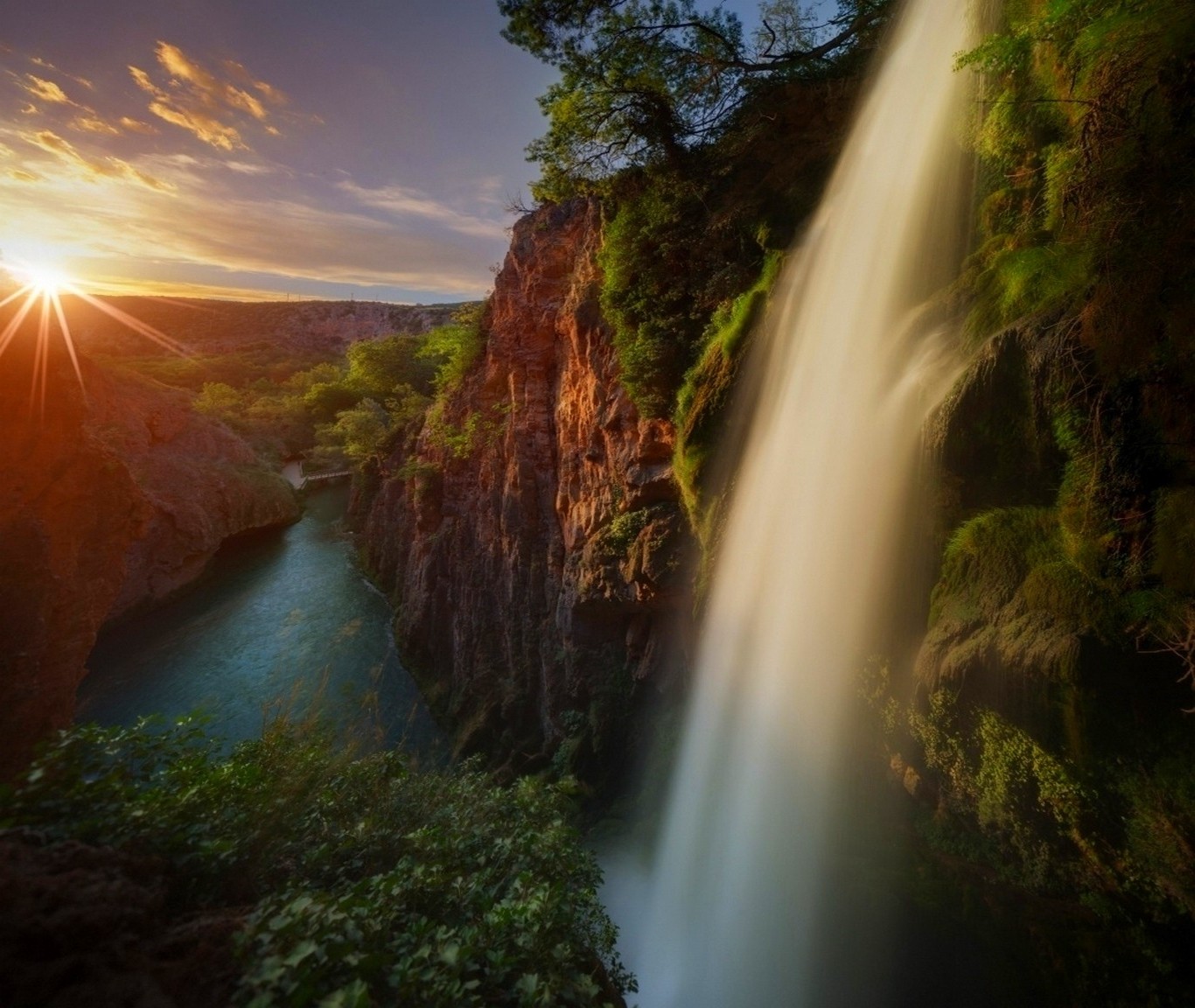 sunrise, Waterfall, River, Canyon, Trees, Moss, Shrubs, Sun Rays, Spain, Nature, Water, Blue, Yellow, Landscape Wallpaper