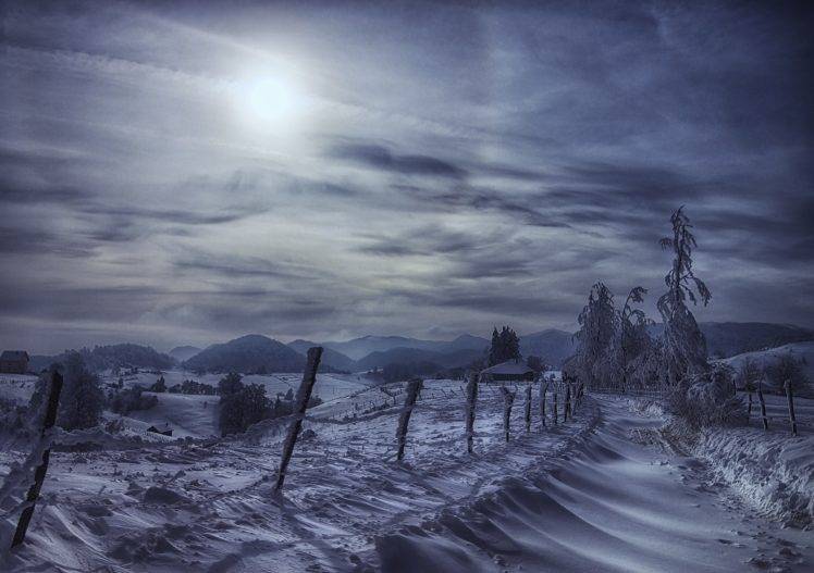 winter, Road, Circle, Sun, Mountain, Snow, Trees, Halo, Fence, Frost, Cold, Cottage, Clouds, Nature, Landscape HD Wallpaper Desktop Background
