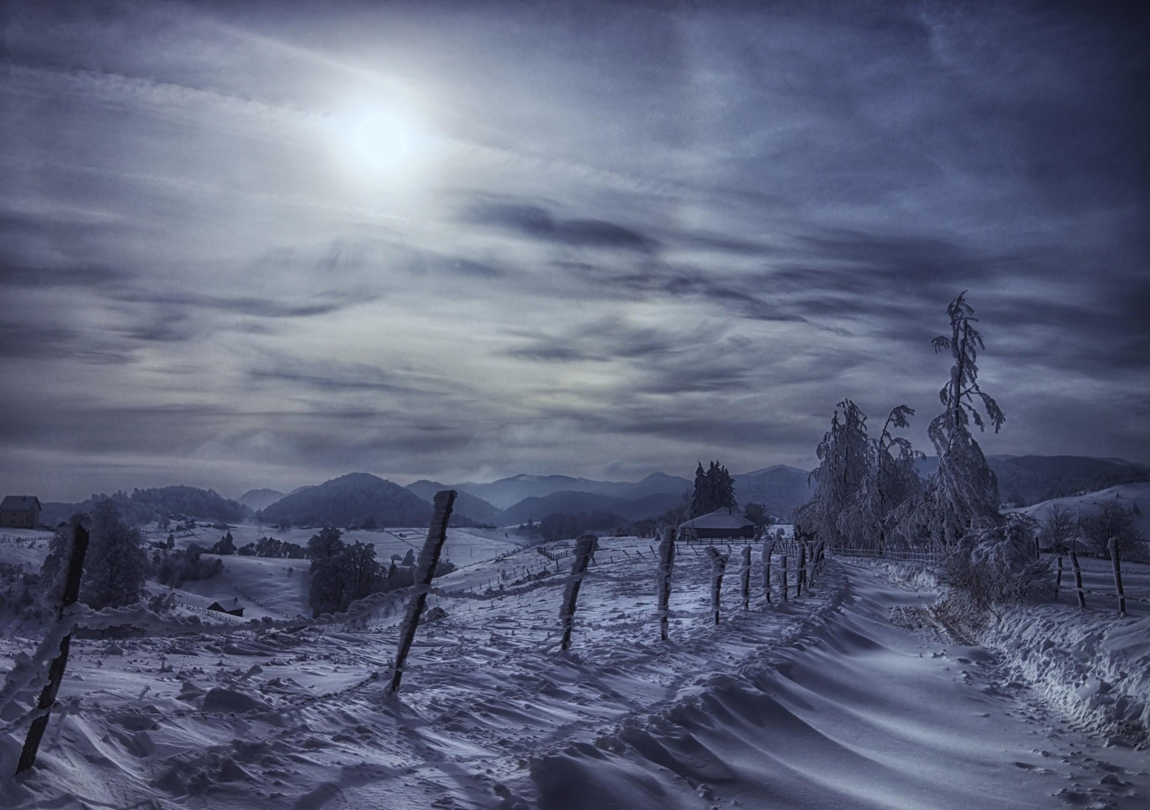 winter, Road, Circle, Sun, Mountain, Snow, Trees, Halo, Fence, Frost, Cold, Cottage, Clouds, Nature, Landscape Wallpaper