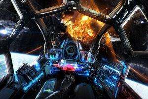 artwork, Science Fiction, Space, Spaceship, HUD, Explosion