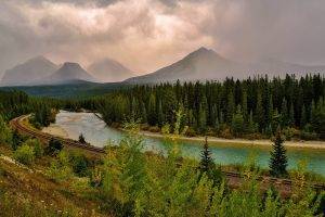 nature, Landscape, Clouds, Forest, Mountain, Railway, River