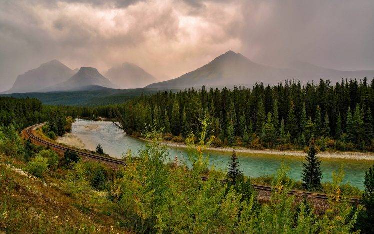 nature, Landscape, Clouds, Forest, Mountain, Railway, River HD Wallpaper Desktop Background
