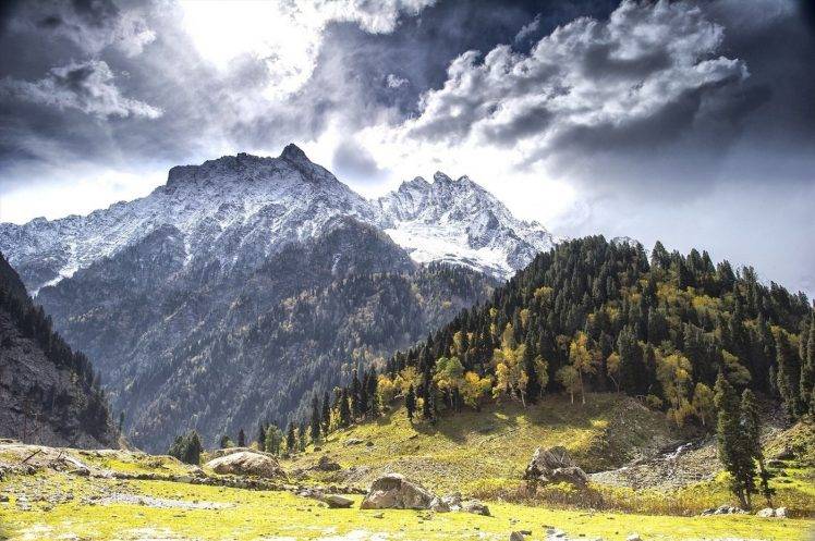 fall, Mountain, Forest, Clouds, Snowy Peak, Trees, Kashmir, Grass, Nature, Landscape HD Wallpaper Desktop Background