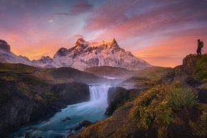 sunrise, Mountain, River, Waterfall, Torres Del Paine, Chile, Snowy Peak, Clouds, Shrubs, Nature, Landscape