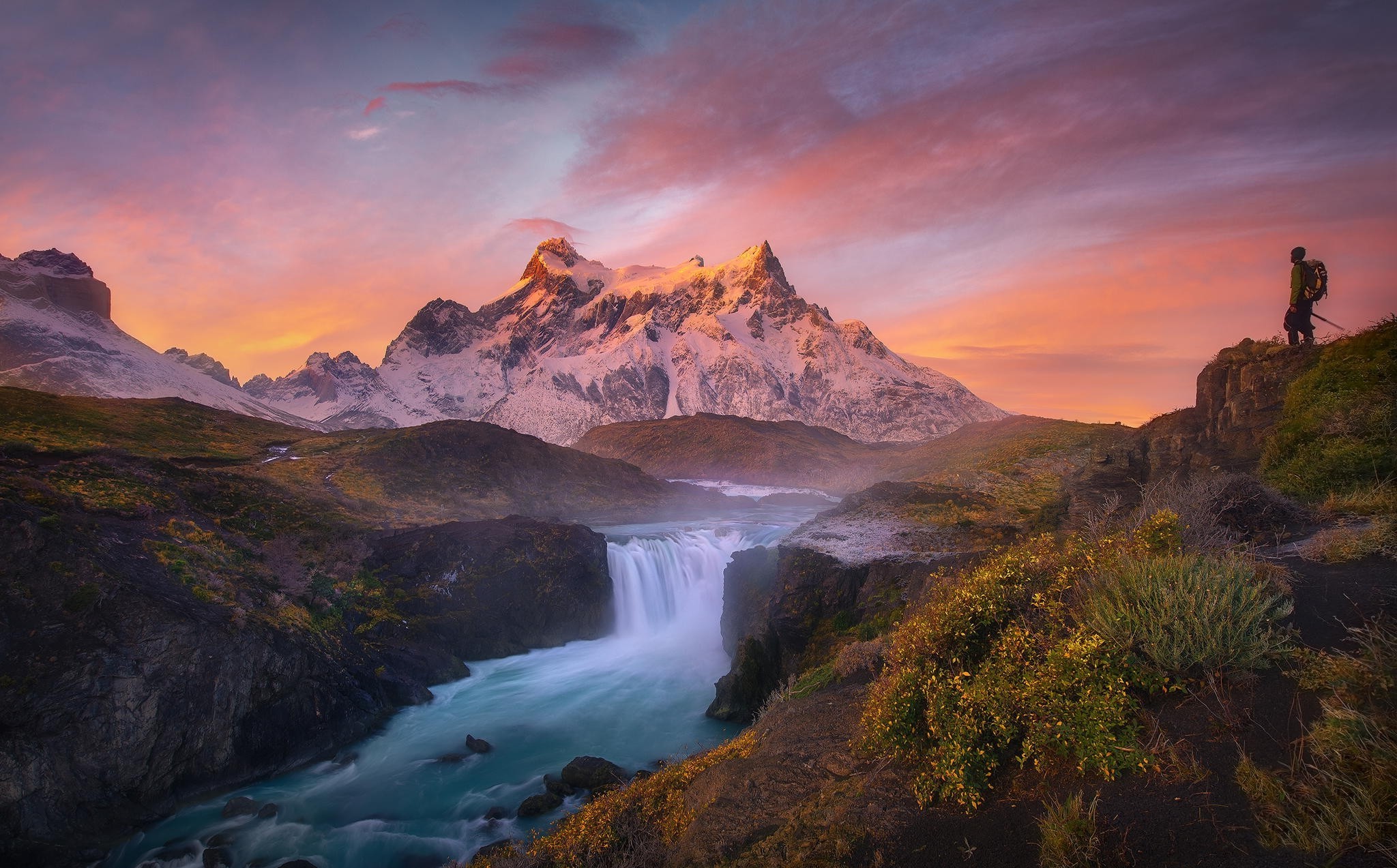sunrise, Mountain, River, Waterfall, Torres Del Paine, Chile, Snowy Peak, Clouds, Shrubs, Nature, Landscape Wallpaper