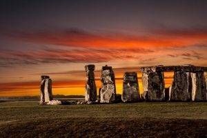 nature, Landscape, Fire, Stones, Sunset, Stonehenge, Monuments, England, Prehistoric, Field, Clouds, Yellow, Red