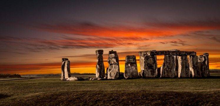 nature, Landscape, Fire, Stones, Sunset, Stonehenge, Monuments, England, Prehistoric, Field, Clouds, Yellow, Red HD Wallpaper Desktop Background