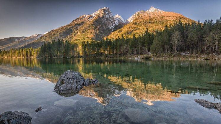 nature, Landscape, Forest, Lake, Mountain, Morning, Trees, Water, Snowy Peak HD Wallpaper Desktop Background
