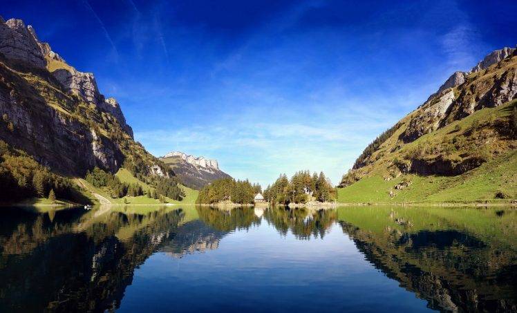 nature, Landscape, Mountain, Trees, Lake, Cliff, Reflection, Grass, Cabin, Blue, Green HD Wallpaper Desktop Background