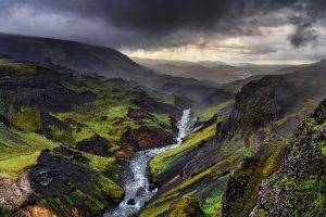 landscape, Nature, Storm, Iceland, River, Mountain, Canyon, Clouds, Grass, Green, Erosion, Cold