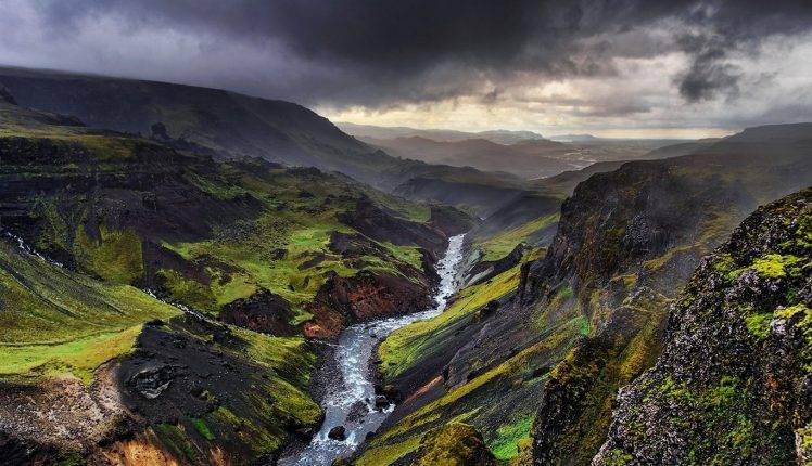 landscape, Nature, Storm, Iceland, River, Mountain, Canyon, Clouds, Grass, Green, Erosion, Cold HD Wallpaper Desktop Background