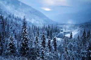 landscape, Alaska, Snow, Nature, Mountain, Forest, Winter, River, Trees, White, Cold