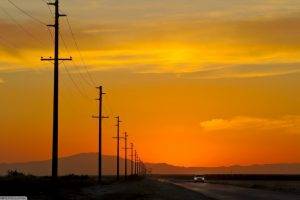nature, Landscape, Power Lines, Mountain, Sunset, Road