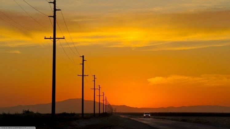 nature, Landscape, Power Lines, Mountain, Sunset, Road HD Wallpaper Desktop Background