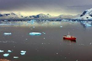 nature, Landscape, Water, Reflection, Clouds, Sea, Ship, Ice, Iceberg, Antarctica, Snow, Mountain, Sunlight