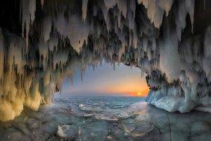 nature, Landscape, Cave, Ice, Stalactites, Lake, Sunset, Cold, Frost, Winter