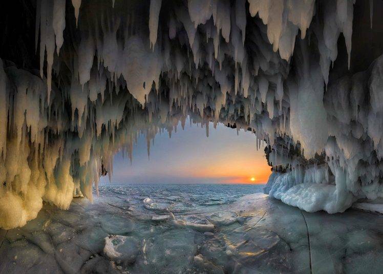 nature, Landscape, Cave, Ice, Stalactites, Lake, Sunset, Cold, Frost, Winter HD Wallpaper Desktop Background
