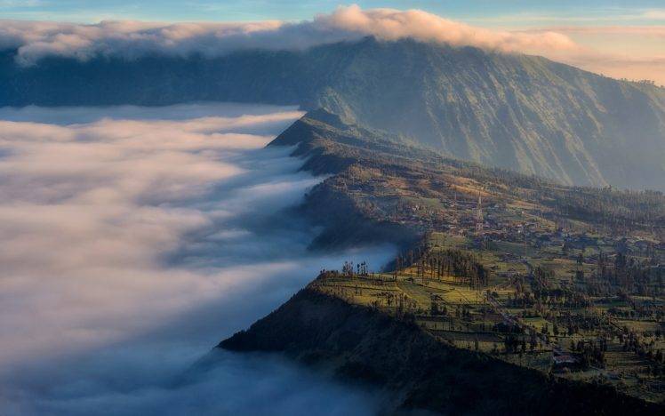 nature, Landscape, Sunrise, Mount Bromo, Indonesia, Clouds, Field, Mountain HD Wallpaper Desktop Background