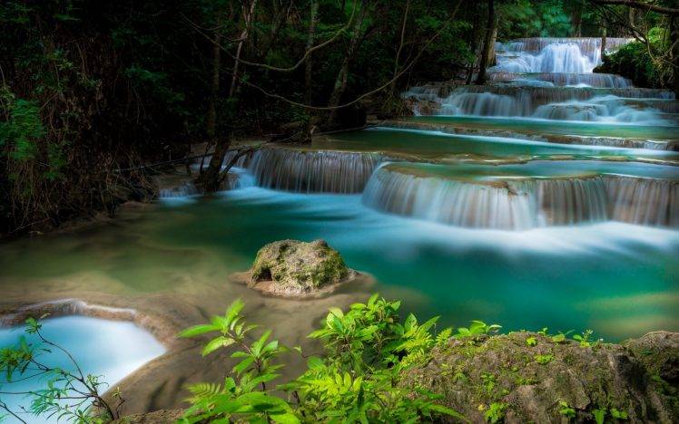 landscape, Nature, Blue, Waterfall, Tropical, Forest, Shrubs, Water HD Wallpaper Desktop Background