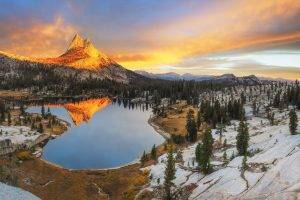 landscape, Nature, Mountain, Sunset, Forest, Snow, Lake, Reflection, Yosemite National Park, Clouds, Water, California
