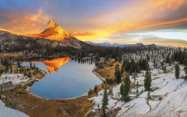 landscape, Nature, Mountain, Sunset, Forest, Snow, Lake, Reflection, Yosemite National Park, Clouds, Water, California HD Wallpaper Desktop Background