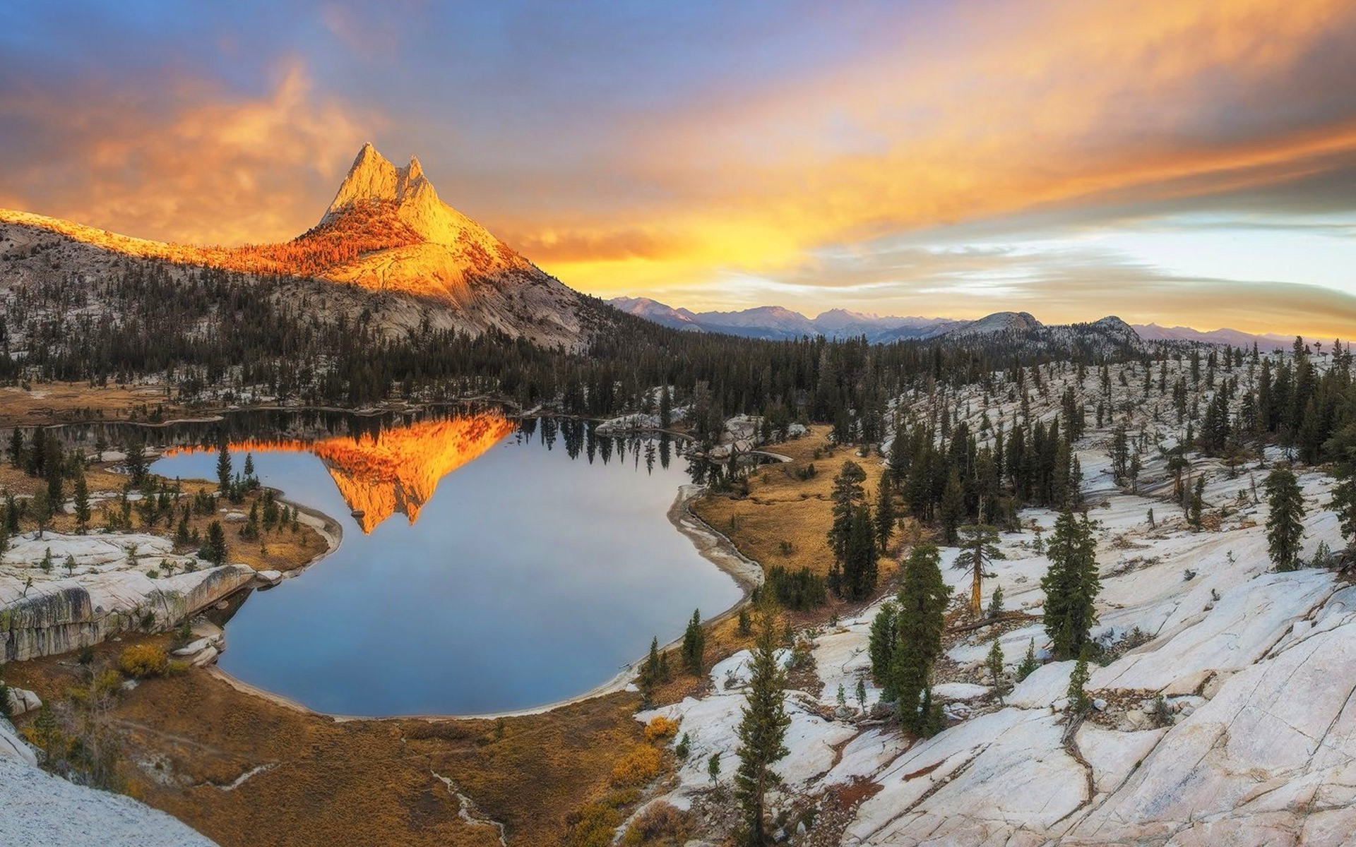 landscape, Nature, Mountain, Sunset, Forest, Snow, Lake, Reflection, Yosemite National Park, Clouds, Water, California Wallpaper