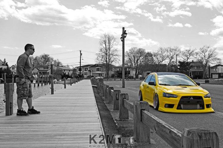 car, Yellow Cars, Selective Coloring, Mitsubishi Lancer Evo X, Stance HD Wallpaper Desktop Background