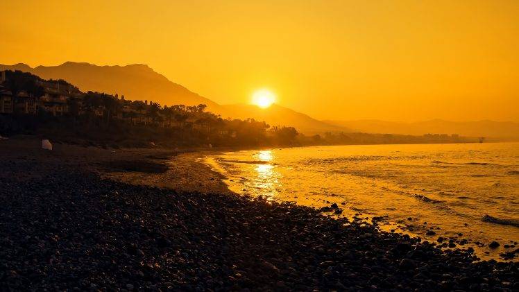 sunset, Beach, Landscape, Mountain, Silhouette, Pebbles, Nature HD Wallpaper Desktop Background