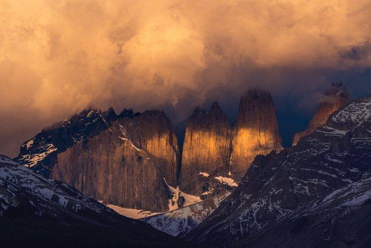 nature, Torres Del Paine, Landscape, Chile, Mountain, Sunset, Clouds, Snowy Peak, Cliff, Summit HD Wallpaper Desktop Background